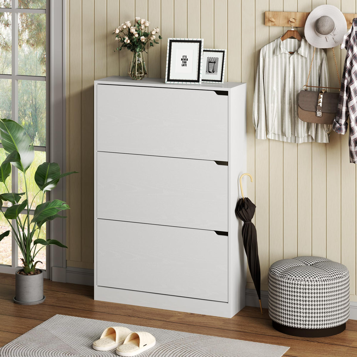 White 3 Flip Drawer Wood Shoe Cabinet H14627