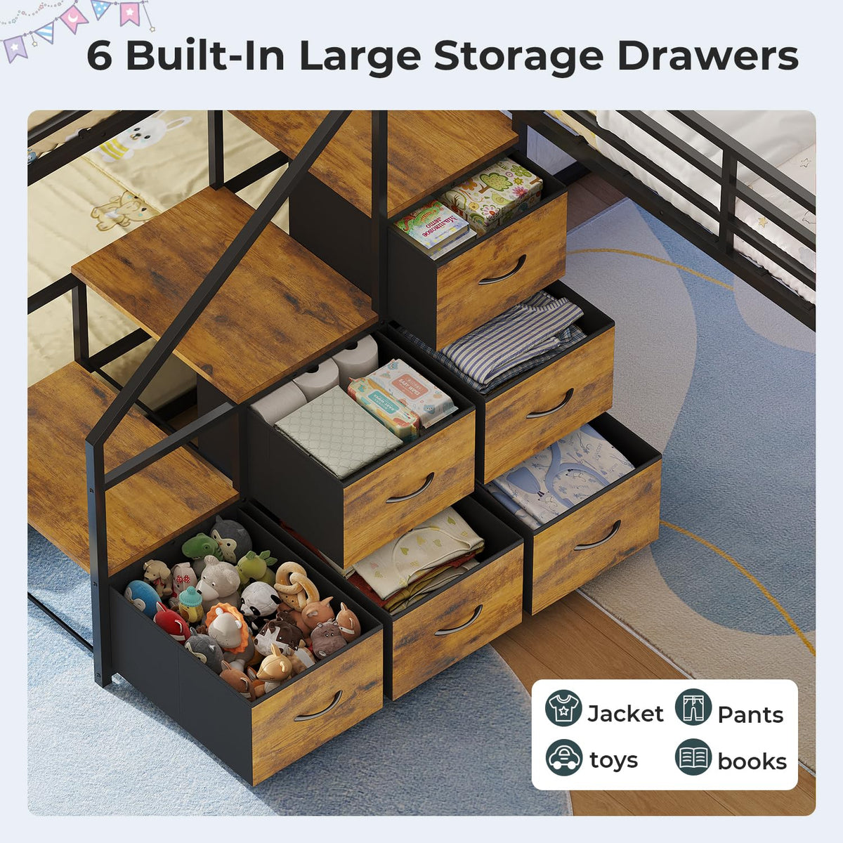 Twin Size L-Shaped Triple Bunk Beds with Staircase & 6 Storage Drawers I26957