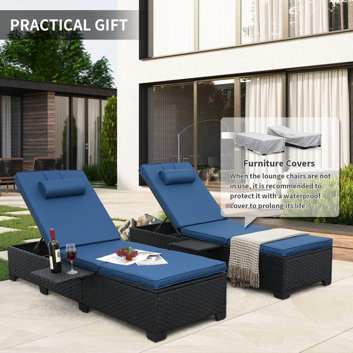 Black Wicker Chaise Lounge Chairs Set of 2 with Navy Blue Cushion W805536