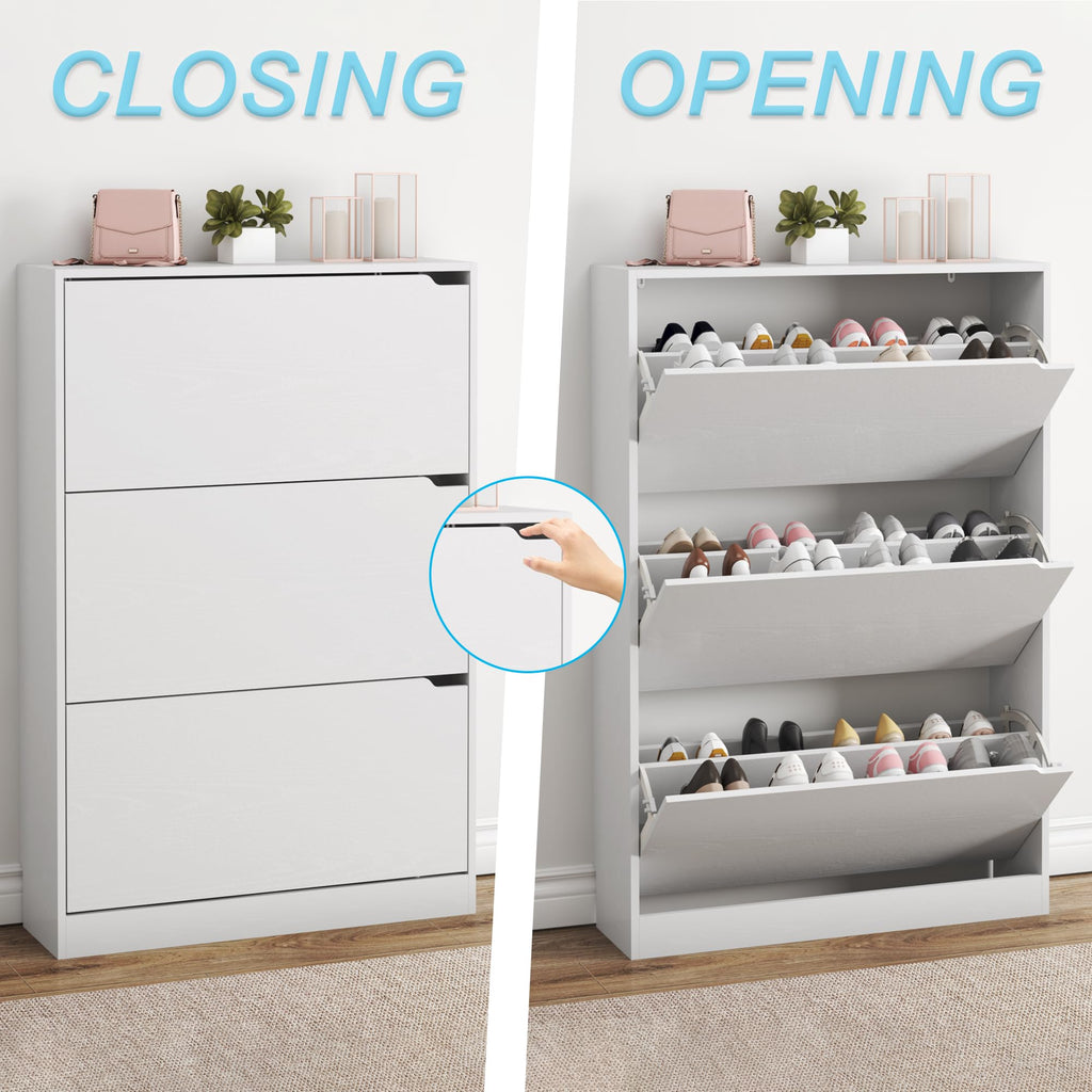 White 3 Flip Drawer Wood Shoe Cabinet H14627