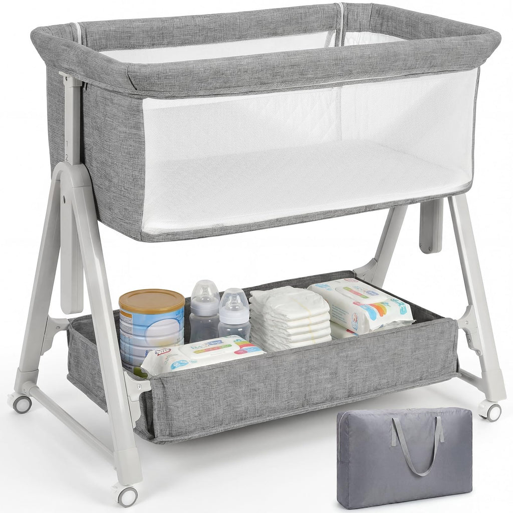 Baby Bassinet Bedside Crib with Mattress Wheel Storage Travel Bag Light Grey A47134