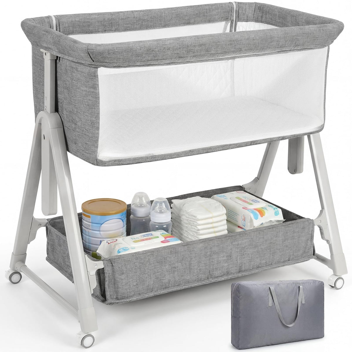 Baby Bassinet Bedside Crib with Mattress Wheel Storage Travel Bag Light Grey A47134