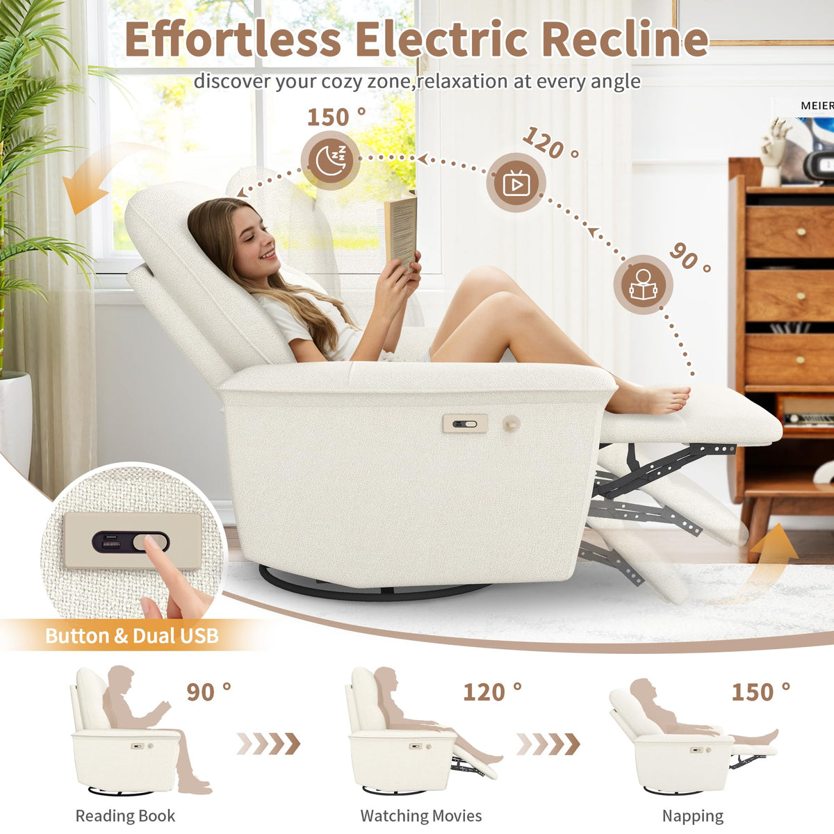 Power Swivel Rocker Recliner Chair with Phone Holder and USB Ports S8360