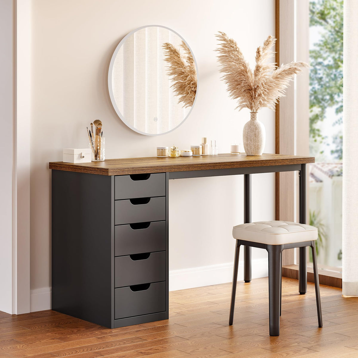 47 Inch Computer Desk with 5 Drawers Metal Frame Y433