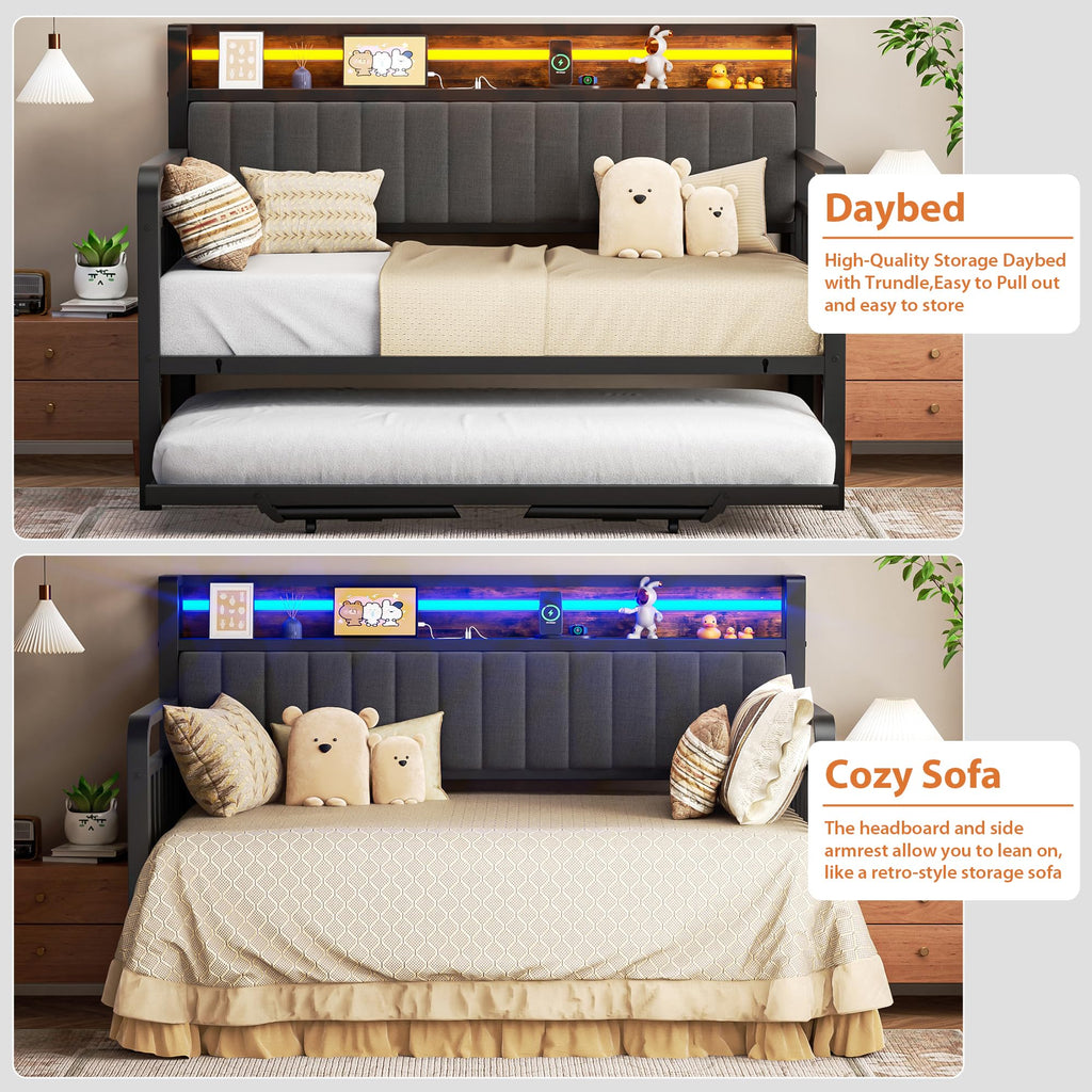 Brown Metal Daybed with Trundle and Storage Headboard L39481