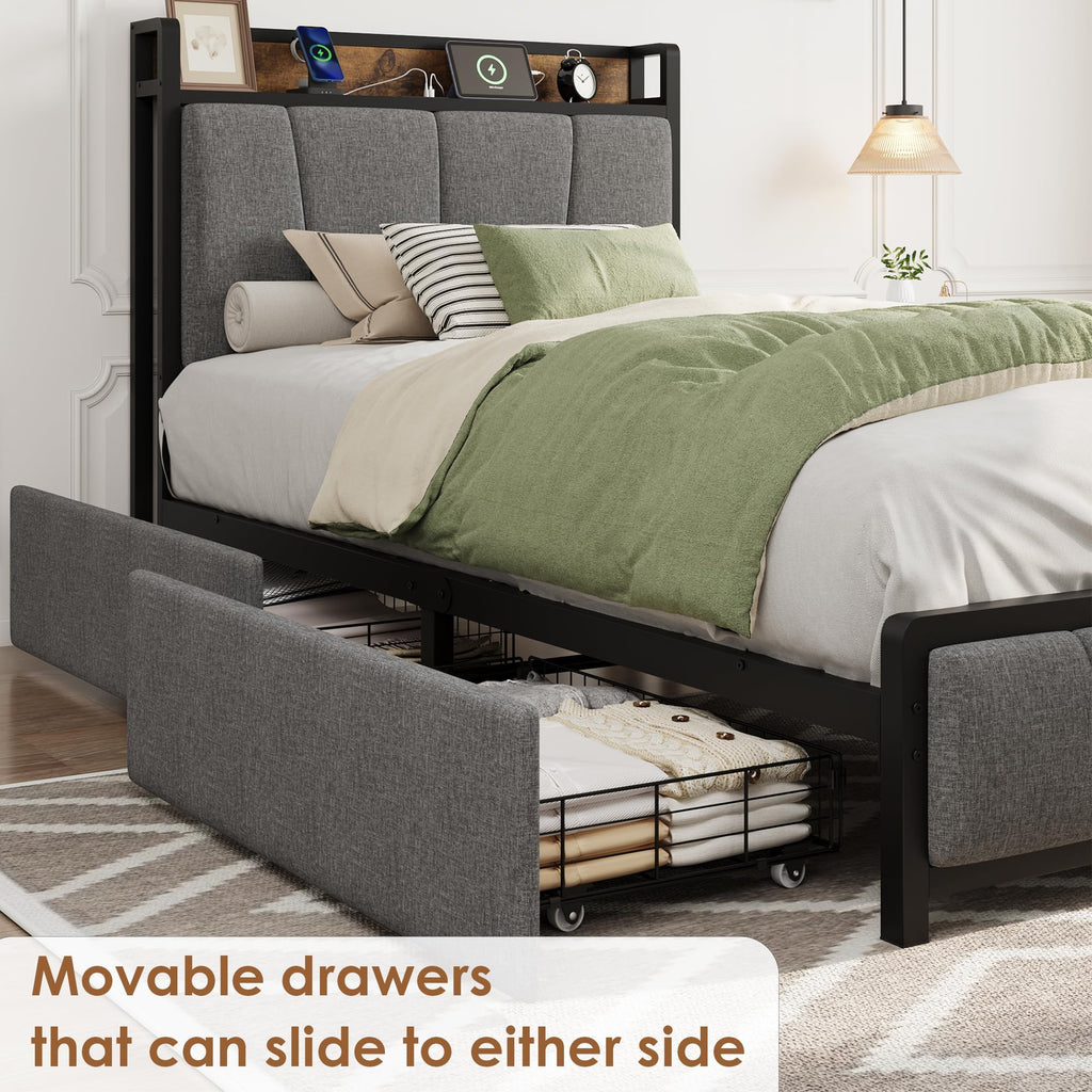 Gray Twin Size Bed Frame with 2 Drawers V812