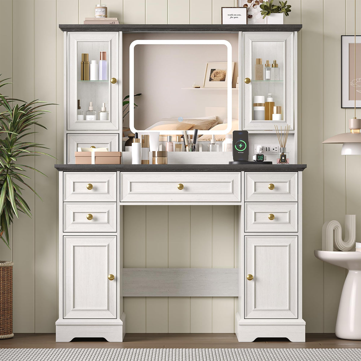 White Makeup Vanity Desk with Mirror and LED Lights D3630