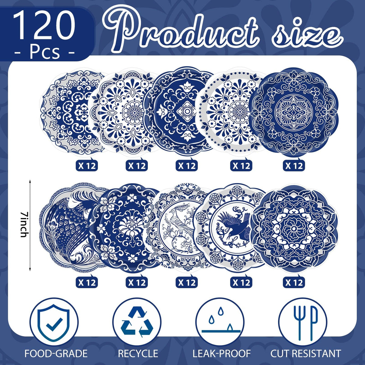 120 Pieces 7 Inch Blue Floral Paper Plates A9489