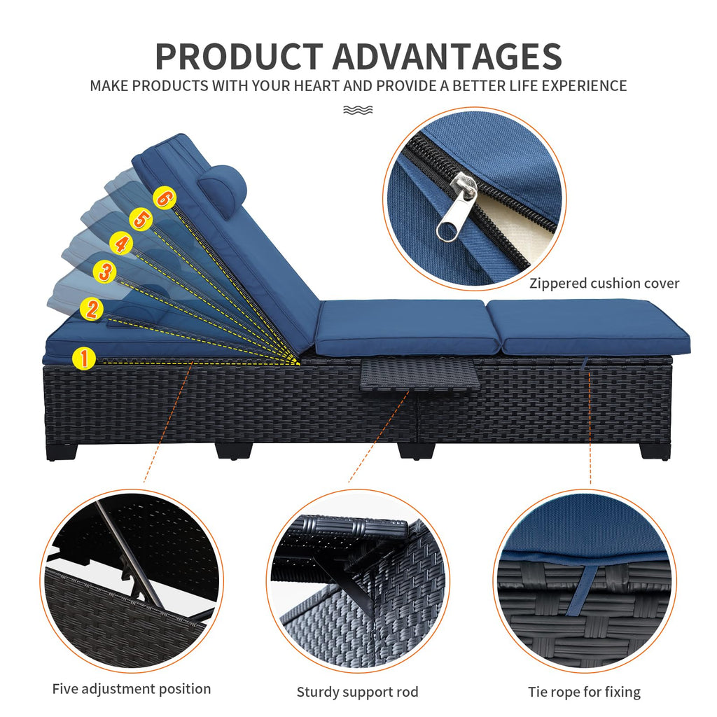 Black Wicker Chaise Lounge Chairs Set of 2 with Navy Blue Cushion W805536