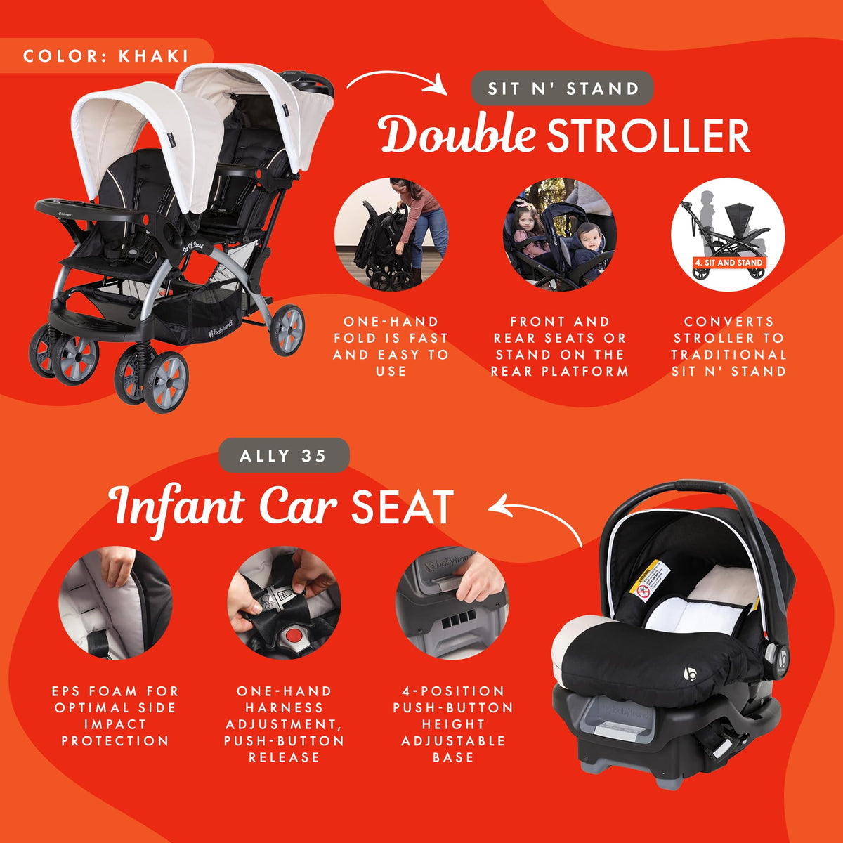 Khaki 3 Pc Double Stroller & 2 Car Seats V6192