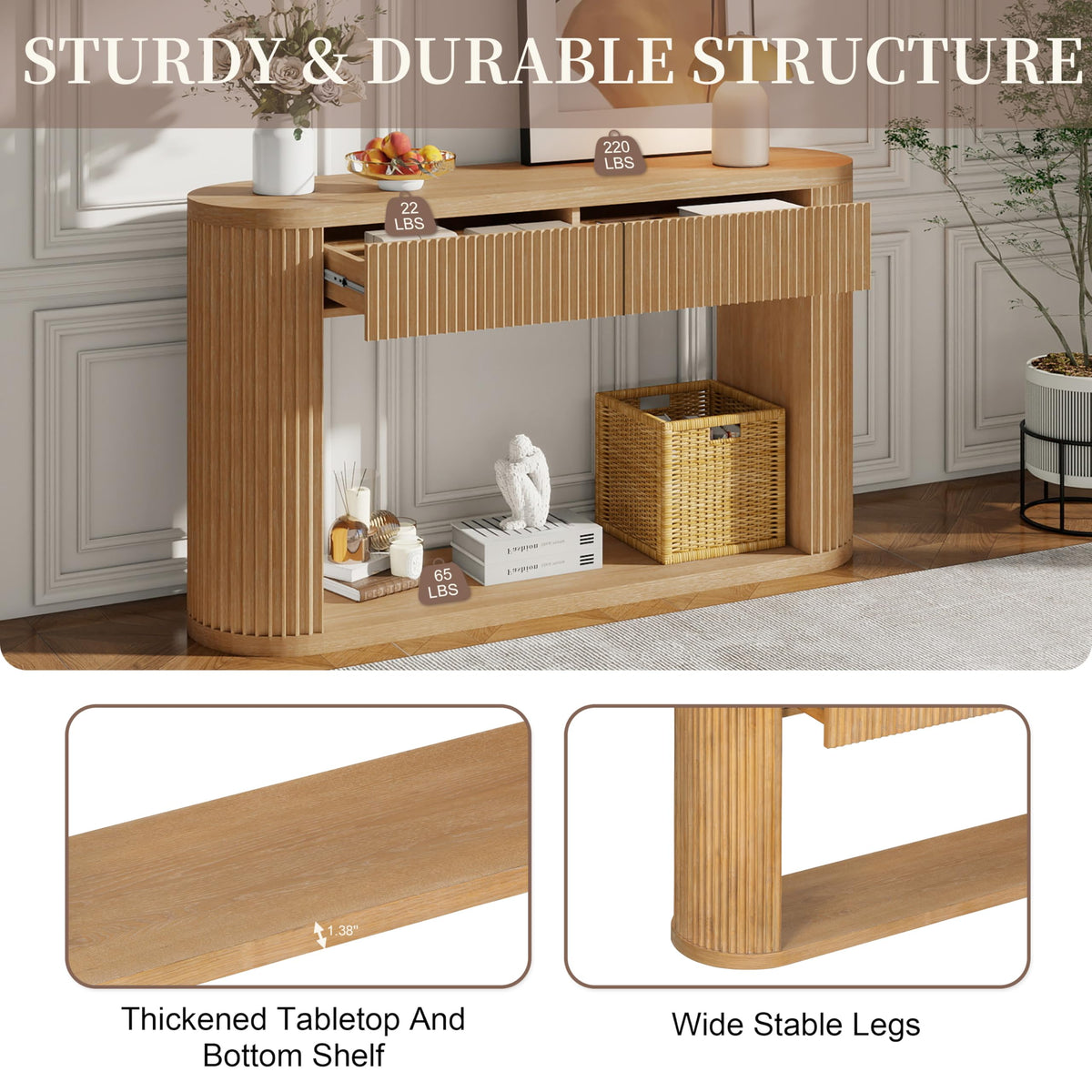 Fluted Console Table 2 Drawers Wood Natural G415