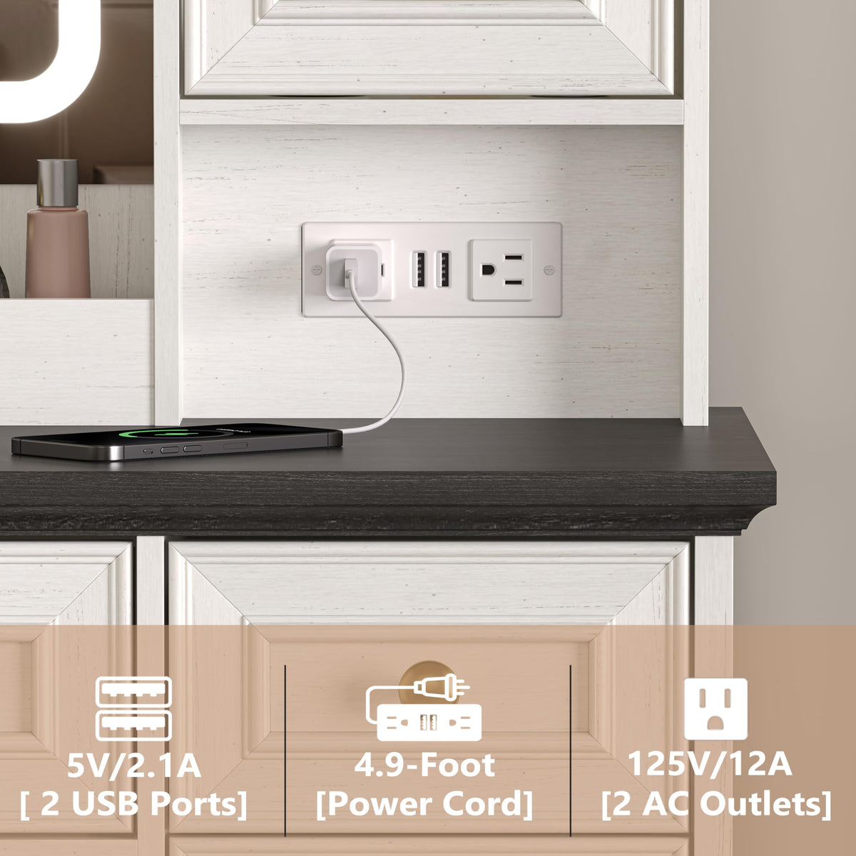 White Makeup Vanity Desk with Mirror and LED Lights D3630