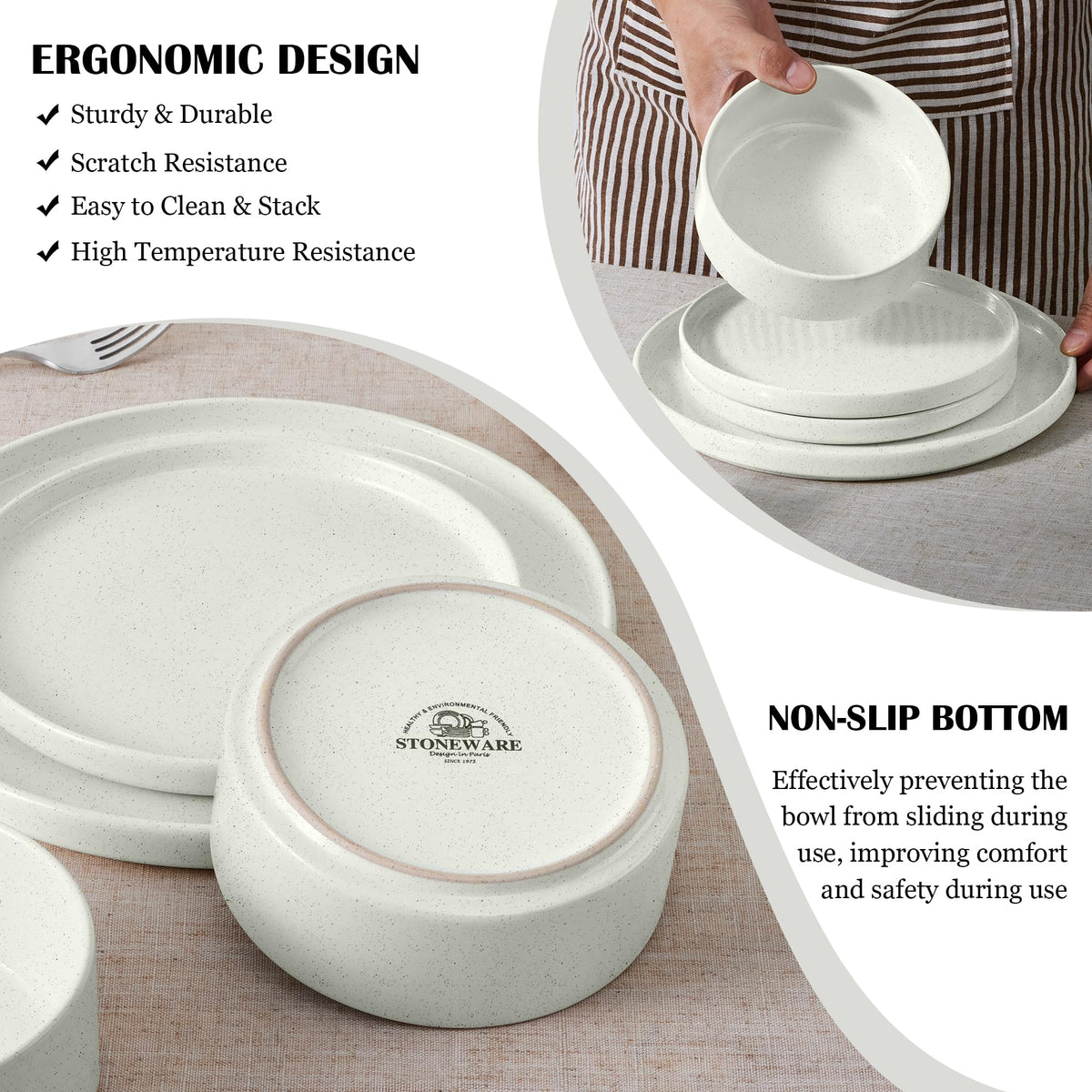 24-Piece Stoneware Dinnerware Set, Speckled White T95006