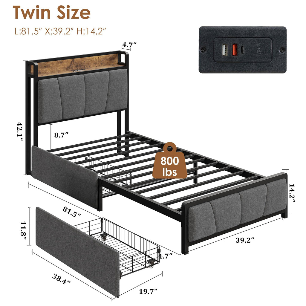 Gray Twin Size Bed Frame with 2 Drawers V812