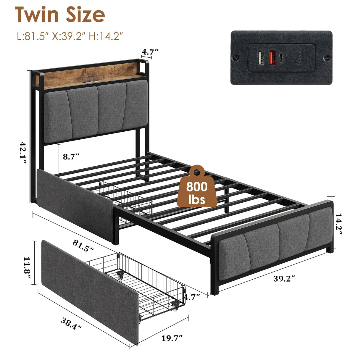 Gray Twin Size Bed Frame with 2 Drawers V812