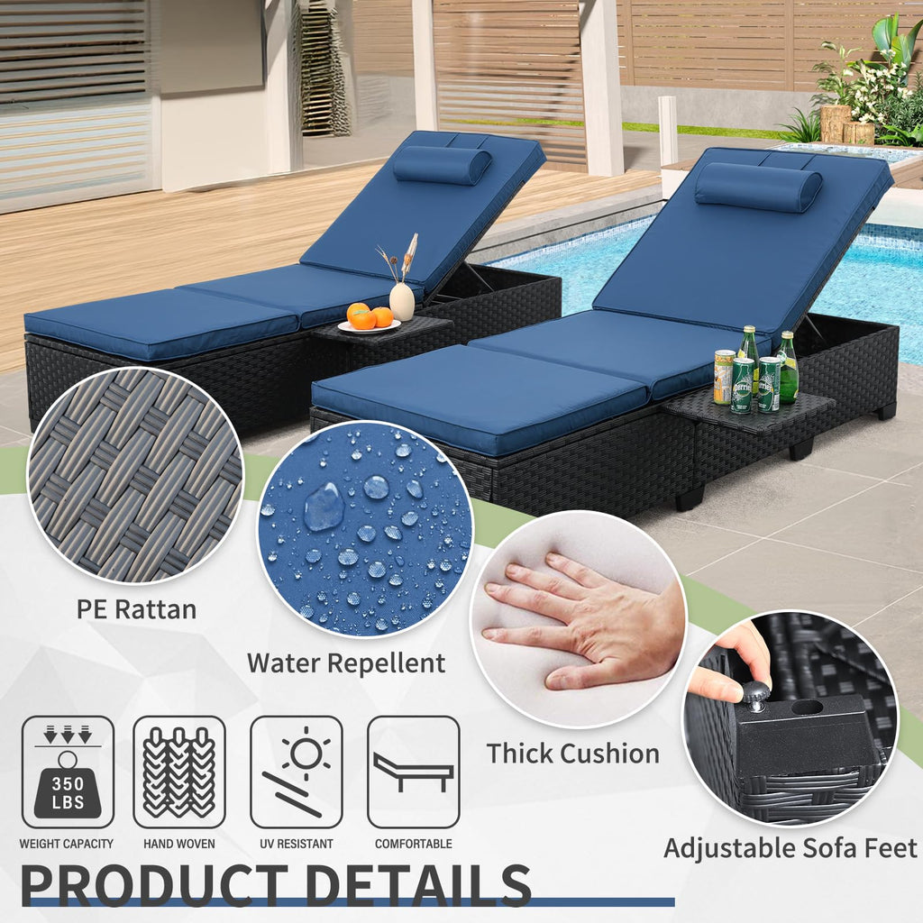 Black Wicker Chaise Lounge Chairs Set of 2 with Navy Blue Cushion W805536
