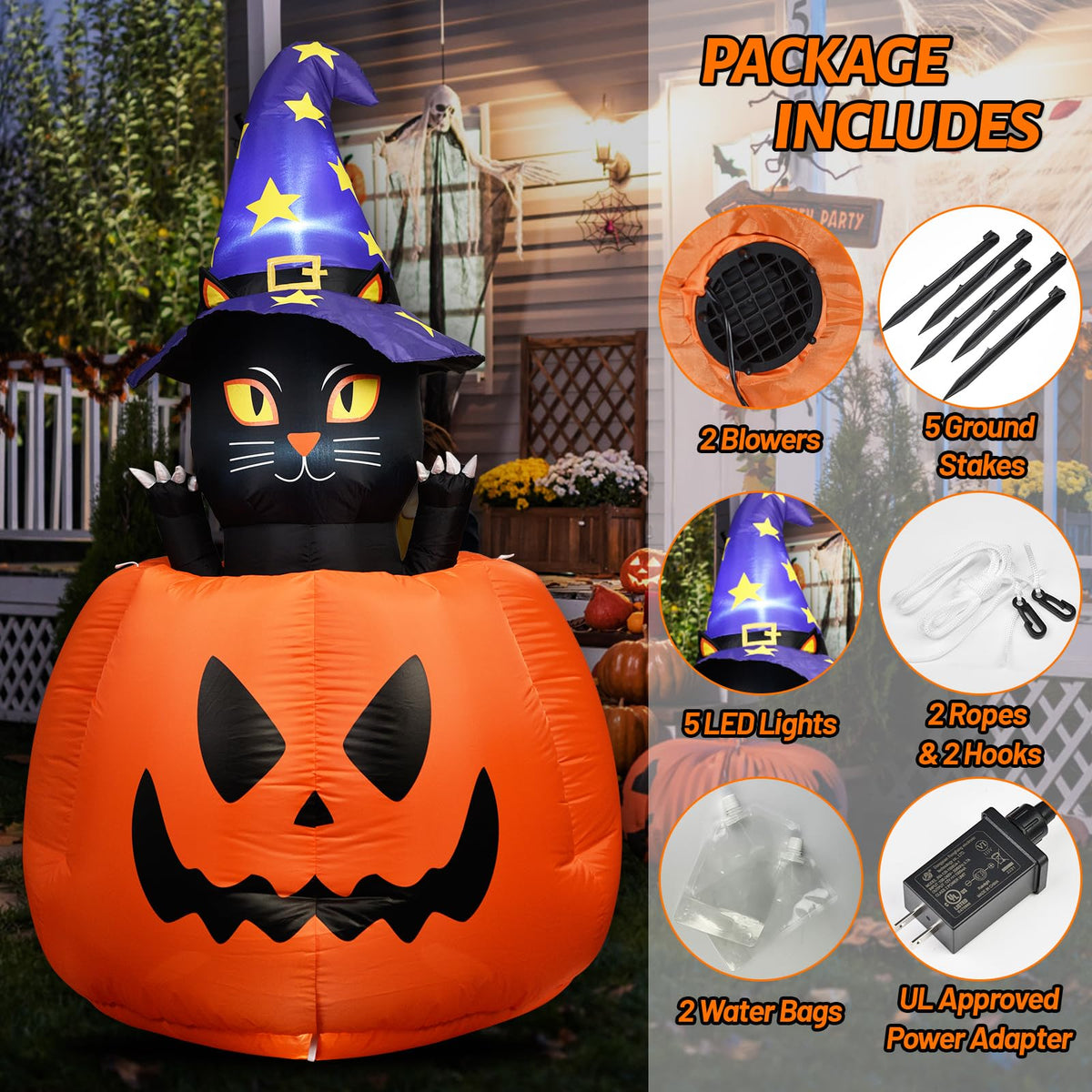 Halloween Inflatable Animated Witch Cat in Pumpkin A27916