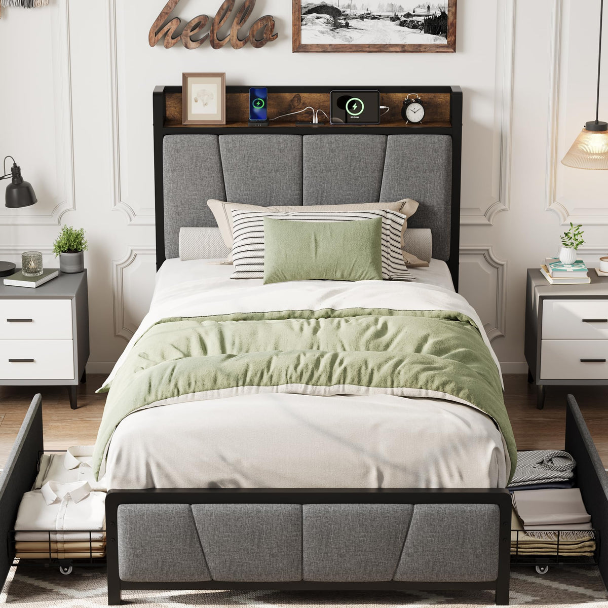 Gray Twin Size Bed Frame with 2 Drawers V812