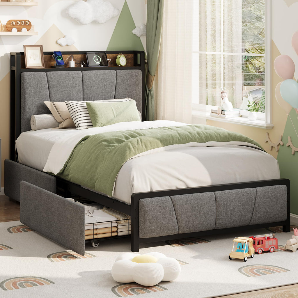 Gray Twin Size Bed Frame with 2 Drawers V812