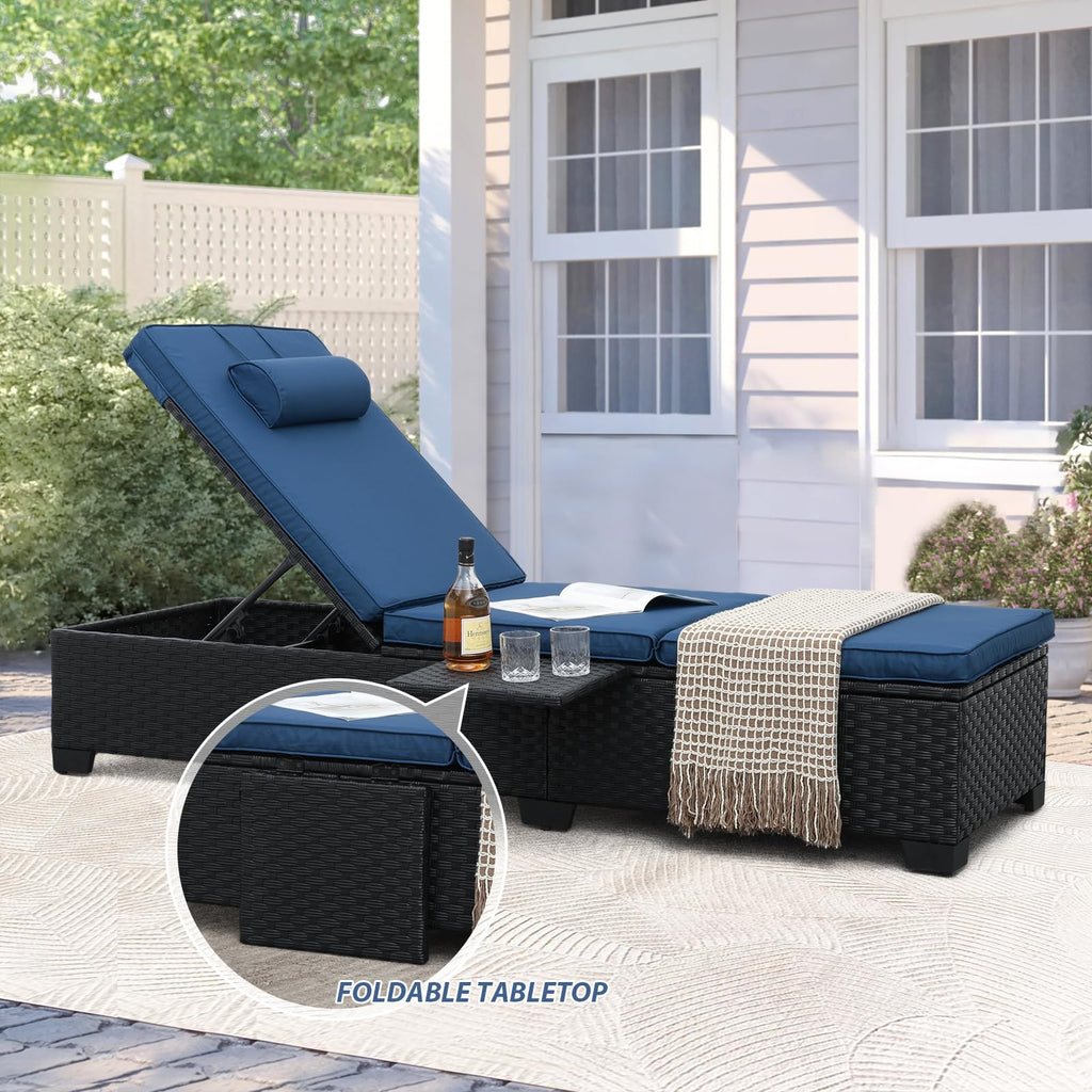 Black Wicker Chaise Lounge Chairs Set of 2 with Navy Blue Cushion W805536