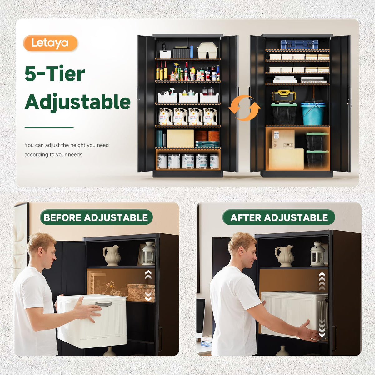 Metal Garage Storage Cabinets with Lock, 72 Tall Steel Lockers, 5 Adjustable Shelves, Black I353894