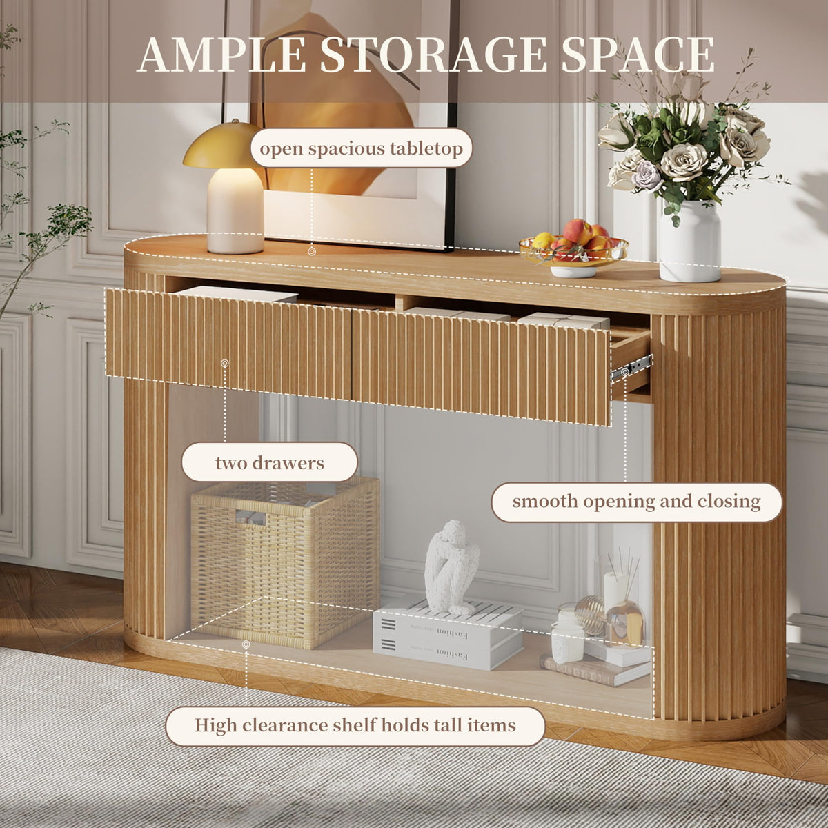 Fluted Console Table 2 Drawers Wood Natural G415