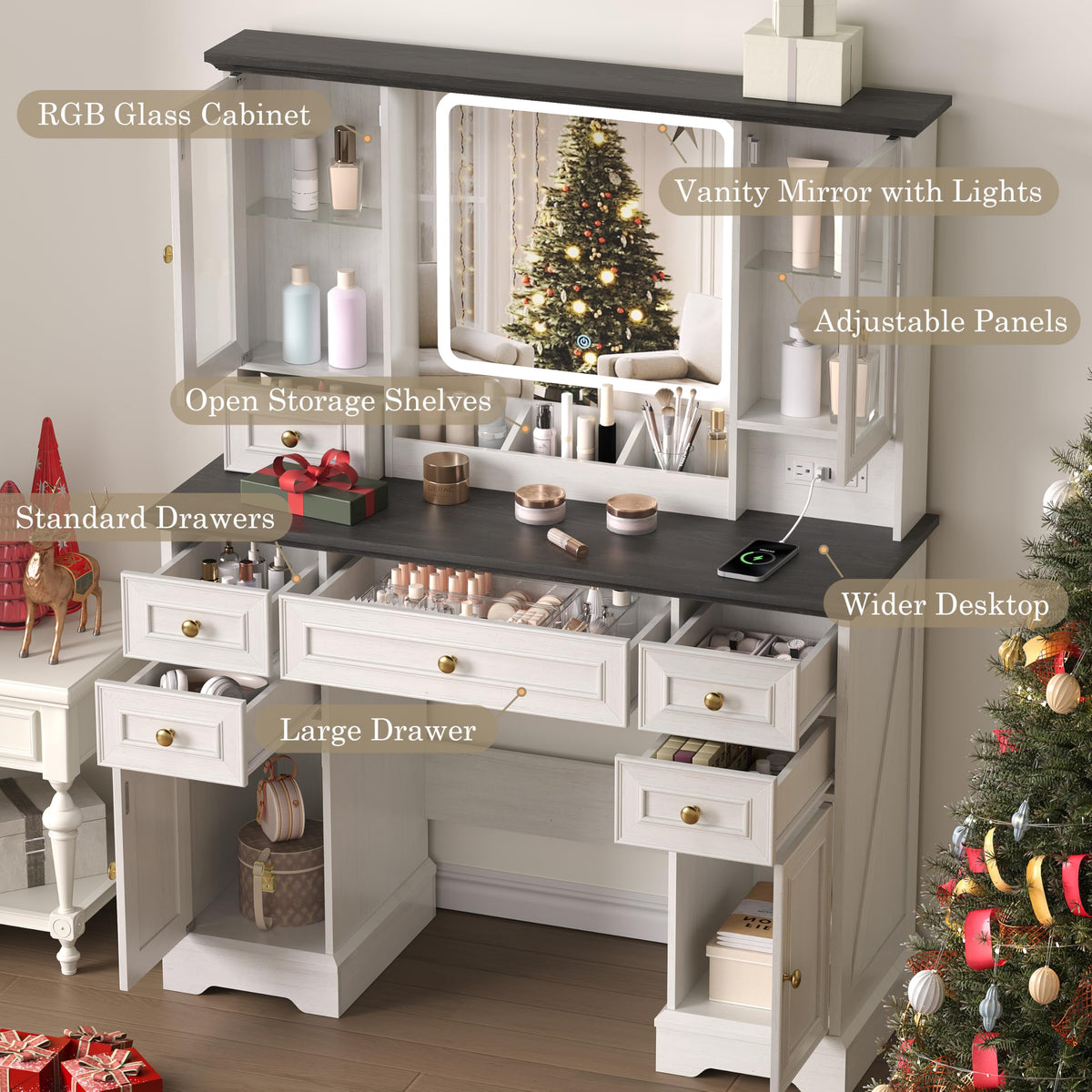 White Makeup Vanity Desk with Mirror and LED Lights D3630