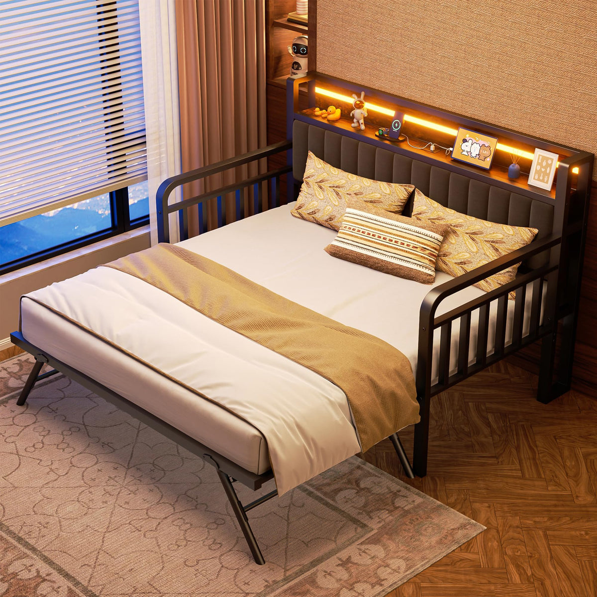 Brown Metal Daybed with Trundle and Storage Headboard L39481