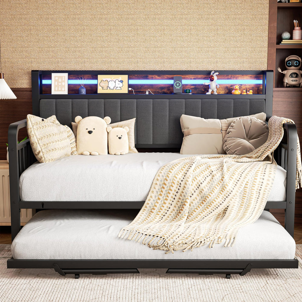 Brown Metal Daybed with Trundle and Storage Headboard L39481