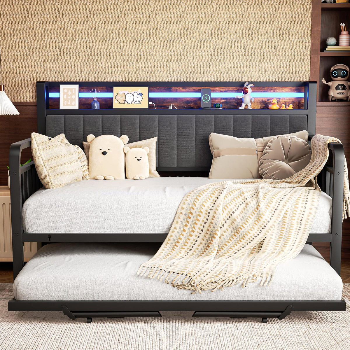 Brown Metal Daybed with Trundle and Storage Headboard L39481