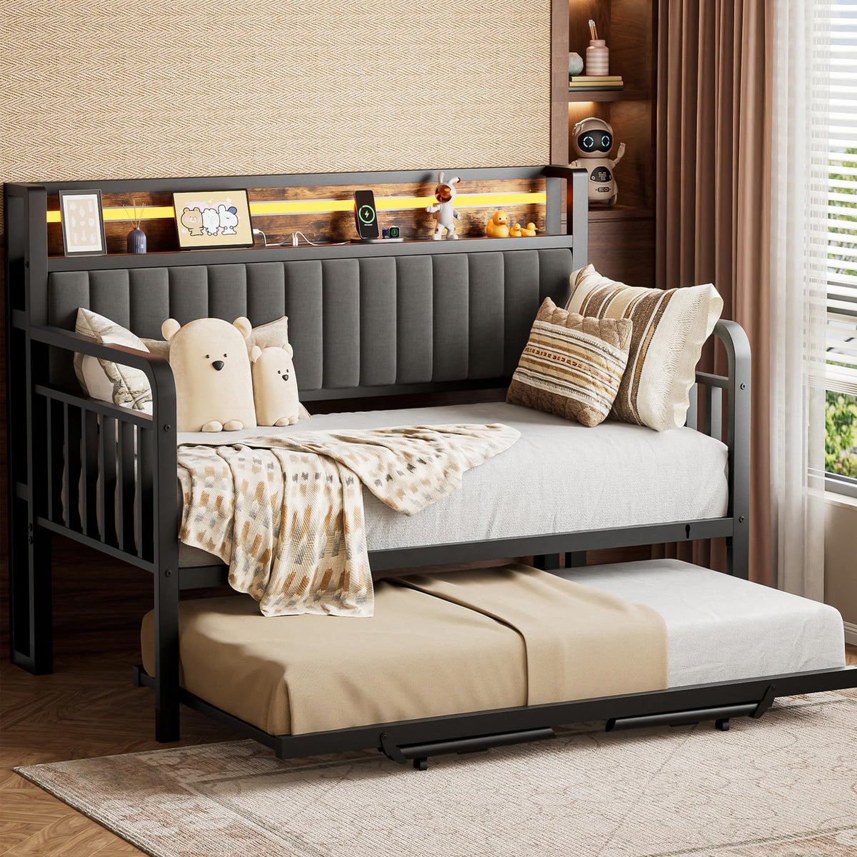 Brown Metal Daybed with Trundle and Storage Headboard L39481