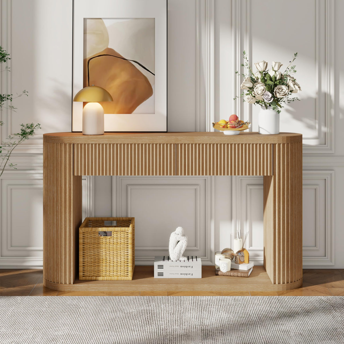 Fluted Console Table 2 Drawers Wood Natural G415