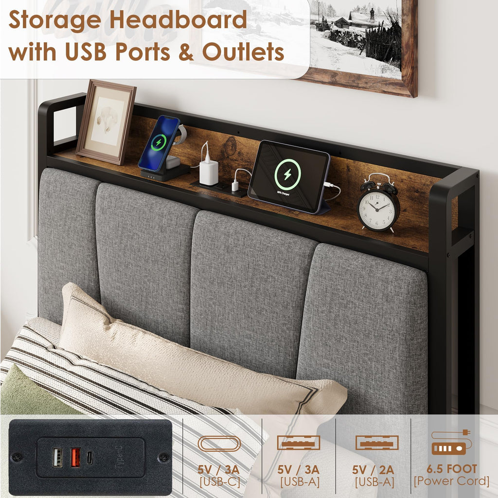 Gray Twin Size Bed Frame with 2 Drawers V812