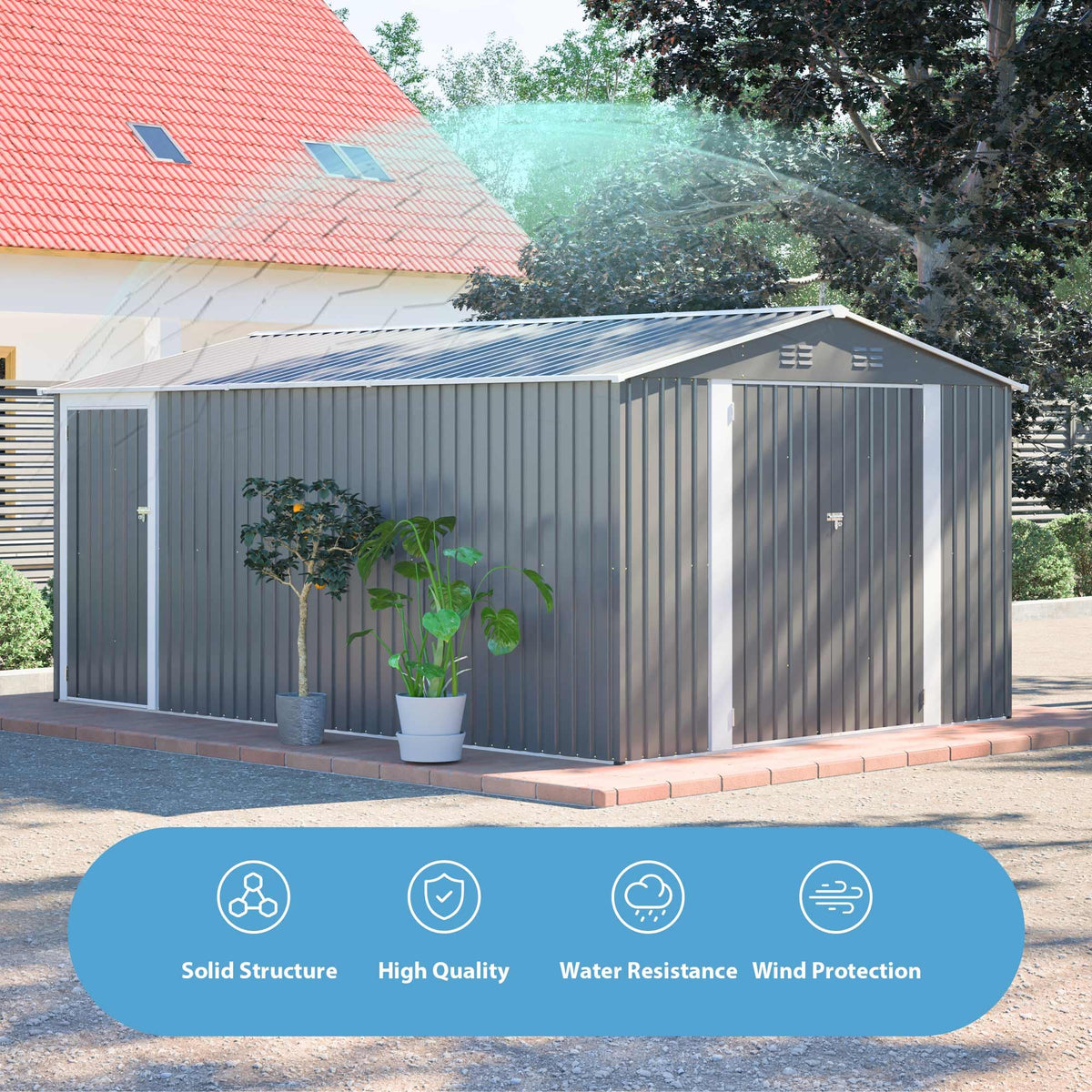 10x14 FT Light Gray Metal Storage Shed I8921